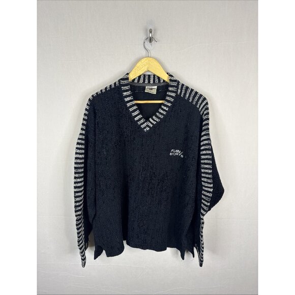 FUBU The Collection Terry Knit Sweater V-Neck Black White Mens M Korea 90s - Picture 1 of 6